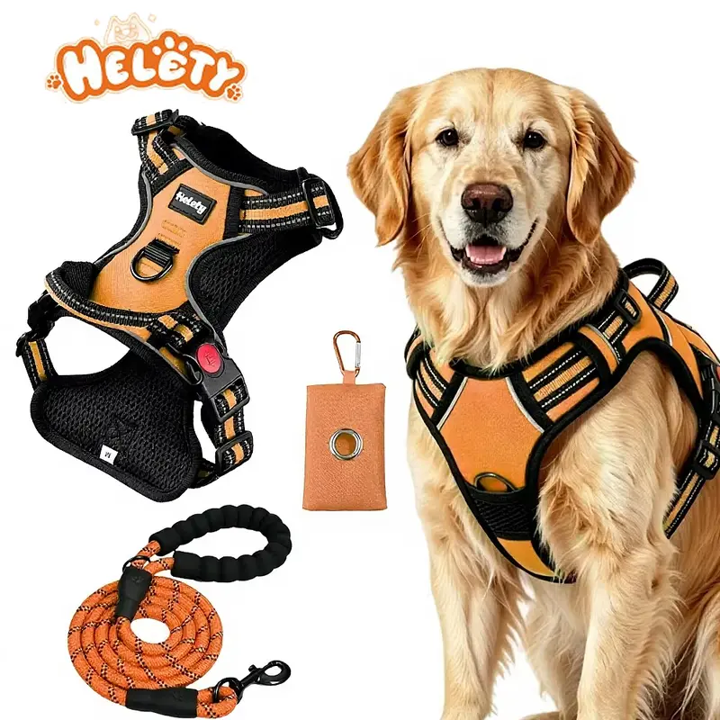 HELETY 3-in-1 No-Pull Dog Harness Set - 59in Leash & Poop Bag Holder Included, Adjustable Breathable Reflective Pet Vest for Small-Medium-Large Dogs, Ideal for Walking, Training, Outdoor Activities, S