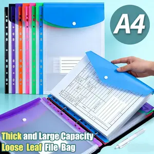 6/12 Pack Plastic Envelopes Binder Pocket 11 Holes Expandable Binder Folders for 2/3/4 Ring Document Pouch with Snap Button & Label Loose-Leaf Transparent for School Home Office