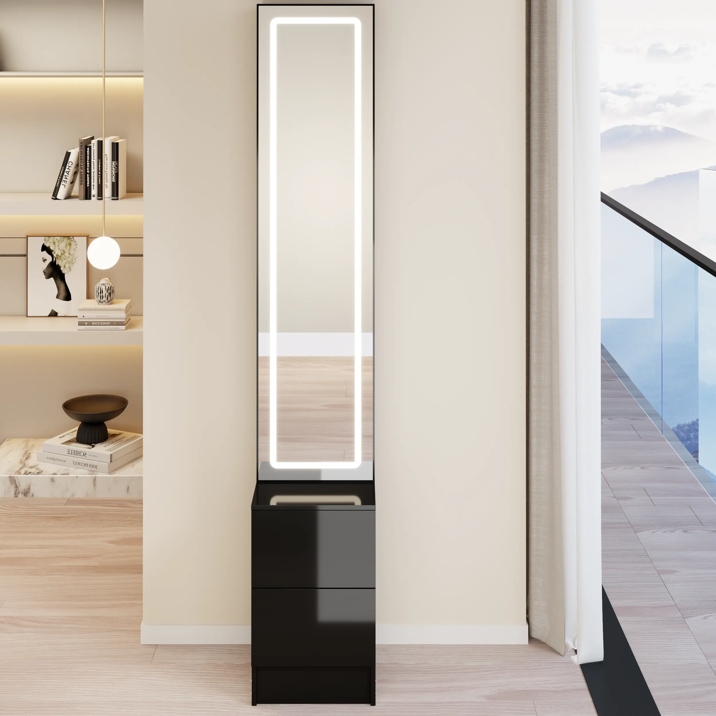 Length 11.8" x Width 15.7" x Height 63" LED Dressing Mirror Cabinet,Cosmetic Organizer Cabinet, Jewelry Cabinet, Adjustable Brightness, Extra Large Mirror, Multi Layer High Capacity Storage withdrawers vanity desk