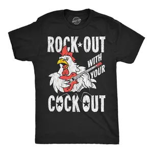 Mens Funny T Shirts Rock Out With Your Cock Out Sarcastic Chicken Graphic Novelty Tee for Men Mens Funny T Shirts Cool Vintage Fashion T-Shirt Gift Classic Menswear Animal Apparel for Men Funny Music Short Black -