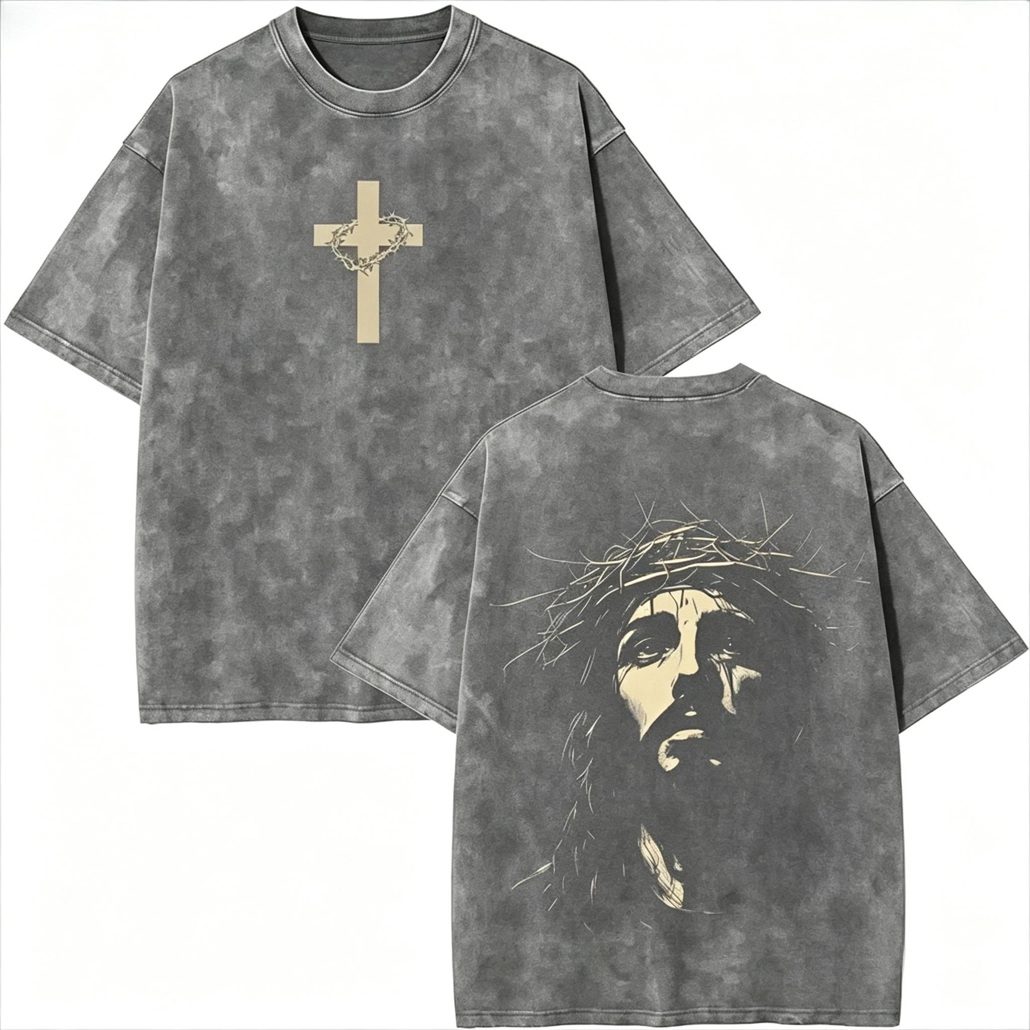 Jesus Crown of Thorns Washed Tshirt, God Apparel Tee, Easter T-Shirt, Jesus T-Shirt, Easter Streetwear, Christian Apparel Graphic Tees, Gym Pump Cover Casual Round Neck