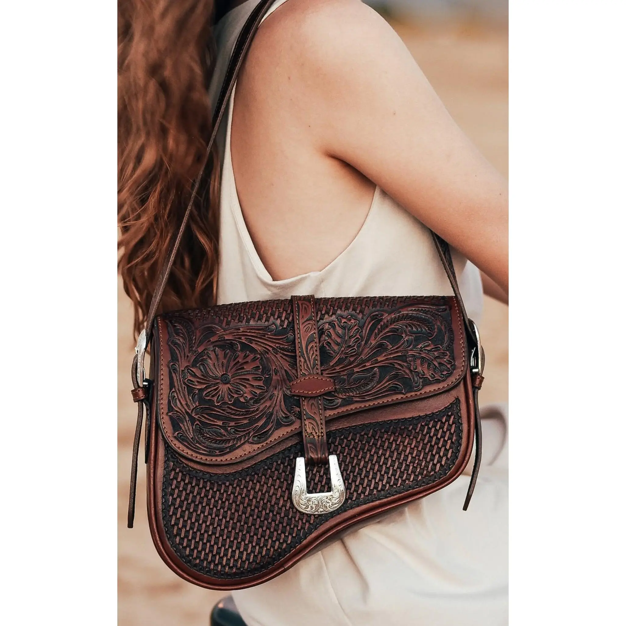 Kelly Genuine Hand-Tooled Leather Saddle Bag 10" L x 9" H x 3" W with Floral Design & Honeycomb Back Imported from Mexico