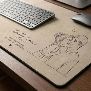 Personalized Dad We Love You Custom Photo Sketch Line Art Desk Mat, Father's Day Gift For Husband, Daddy & Kid Picture Desk Pad Mouse Mat