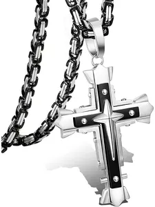 5MM Stainless Steel Cross Pendant Necklace Men Byzantine Chain Necklace 22-30 Inches Cuban Cross Necklace