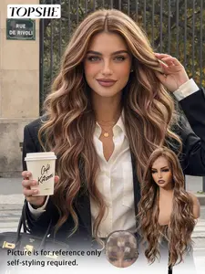 13x6 Lace Front Synthetic Heat Resistant Fiber Wig, Brown Highlight Long Wavy Curly Hair, Beginner-Friendly Low Maintenance, Natural Daily Style, Realistic Hair Breathable & Easy to Wear, Daily Commute Look, Versatile Daily Wear