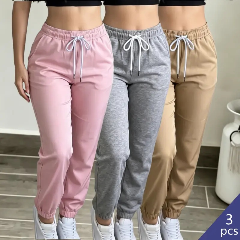 Women’s casual drawstring elastic-waist athletic pants，3/1pack ，made from quick-dry fabric—soft and comfortable. Jogger/cuffed style, machine washable, suitable for all seasons; perfect for everyday wear, outdoor activities, running, and home use.