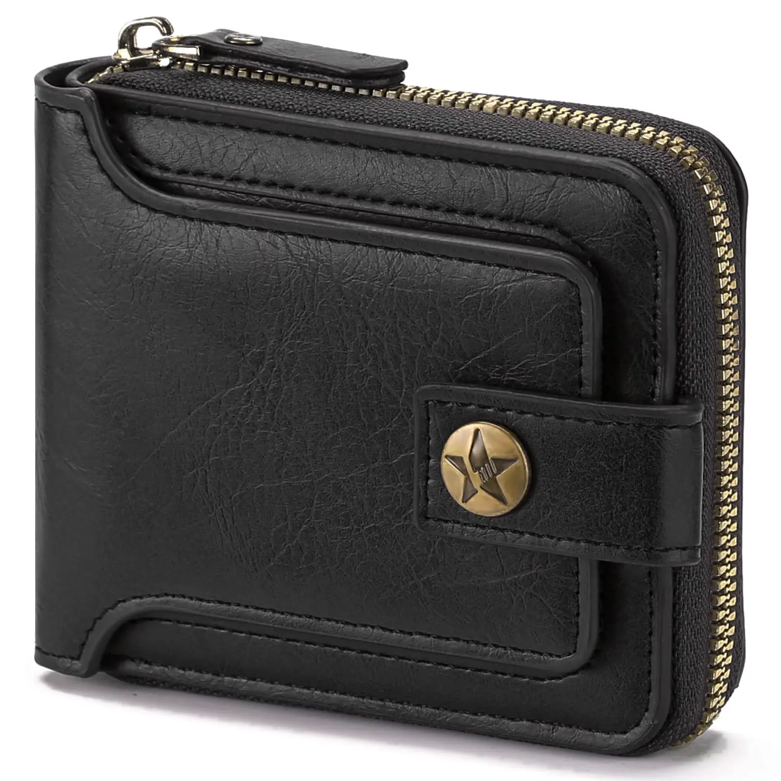 Men's Vintage Bifold Wallets - 5-Pointed Star Snap Closure, Zipper Coin Pocket, Multiple Card Slots, Casual Short Wallet