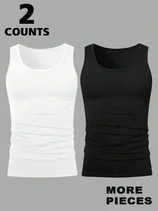 2-Pack Men's Plain Sleeveless Shirt Lightweight Breathable Polyester Athletic Sporty Tank Top High Elasticity Performance Training Tee for Gym & Running