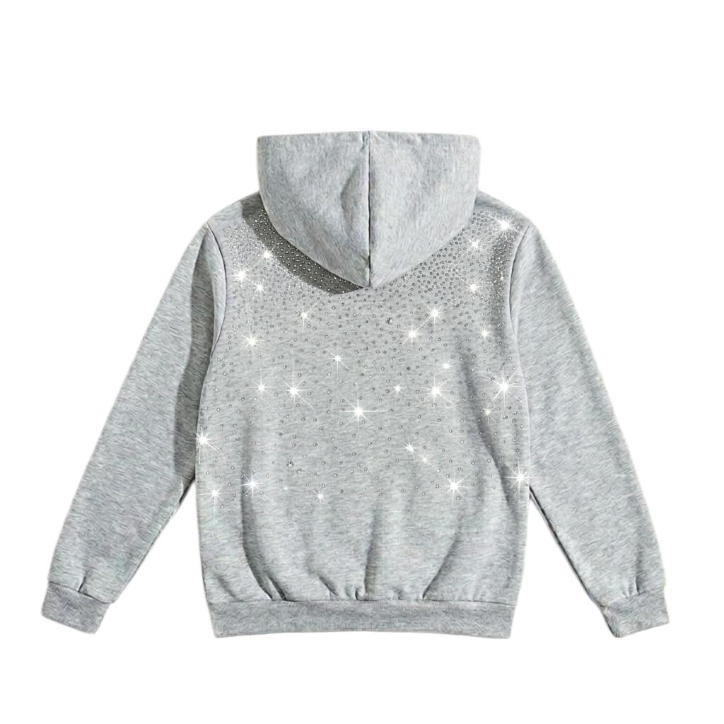 2026 New Arrival Women’s Trendy Zip-Up Hoodie, Single Piece, Loose Fit, Y2K Style Sweatshirt with a subtle shimmer texture from fine glitter flecks that gives it a sparkling glow, street style