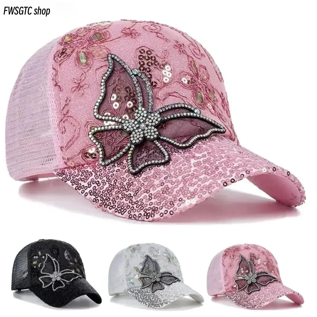 2026 Popular Unisex Glitter Butterfly Lace Baseball Cap - Breathable Mesh, Lightweight, Adjustable Sun Hat for Beach, Casual Fashion; Bag Accessory, Mother’s Day Gift, Fits Most Head Sizes