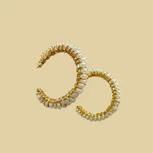 Gold & Pearly White Beads Hoops -1.1 inch Handwoven Hypoallergenic Gold Plated wire Earrings for Everyday Wear or Night Out jewellery