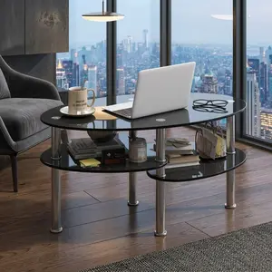 Elegant Oval Tempered Glass Coffee Table With Double Storage Shelf,Sturdy Metal Frame Safe Smooth Edge End Table,Heavy Duty Bearing Leisure Tea Table For Living Room Home Household Decor