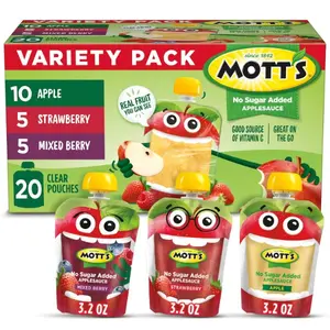 No Sugar Added Applesauce Variety Pack, 3 Flavors – Apple, Strawberry & Mixed Berry, Made from Real Fruit, No Artificial Flavors, 3.2 oz Clear Pouches, 20 Pack