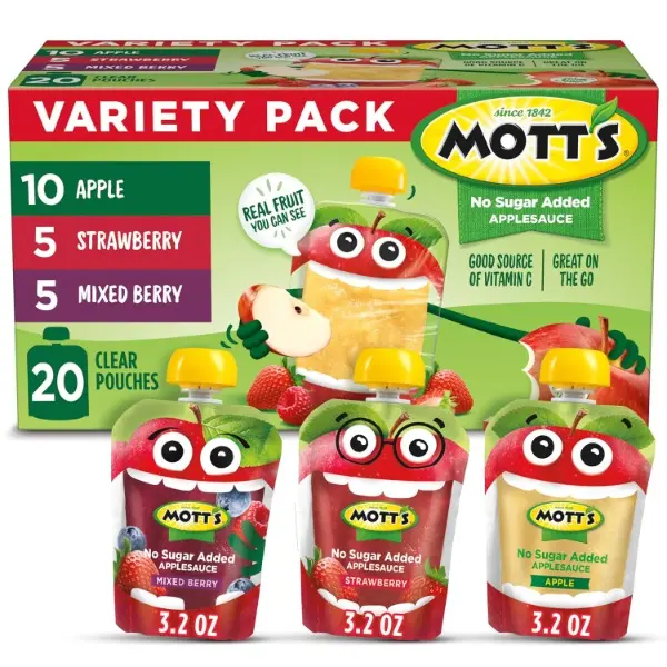 No Sugar Added Applesauce Variety Pack, 3 Flavors – Apple, Strawberry & Mixed Berry, Made from Real Fruit, No Artificial Flavors, 3.2 oz Clear Pouches, 20 Pack