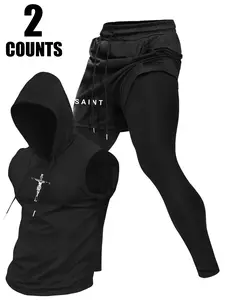 Men's New Hooded Sleeveless Vest Set with Long Pants, Casual Summer, Letter & Cross Pattern Print, Comfortable and Stylish