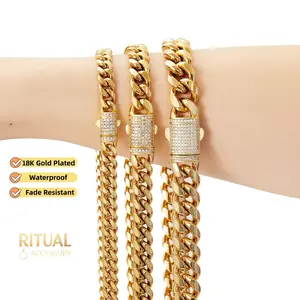 18K Gold Plated Cuban Link Chain Necklace for Men & Women – Iced Out CZ Clasp, Waterproof & Tarnish-Free, 6-14mm Width, 16-30 Inch – Perfect for Hip Hop, Daily Wear, Parties, Birthdays, Valentine's, Christmas Gifts