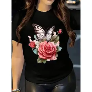 Elegant Women S Floral Print Crew Neck T Shirt Soft Breathable Short Sleeve Top Featuring Pink Rose and Green Foliage Versatile Summer Party Wear Perfect for All Seasons with Comfortable Local Shipping oversized gym