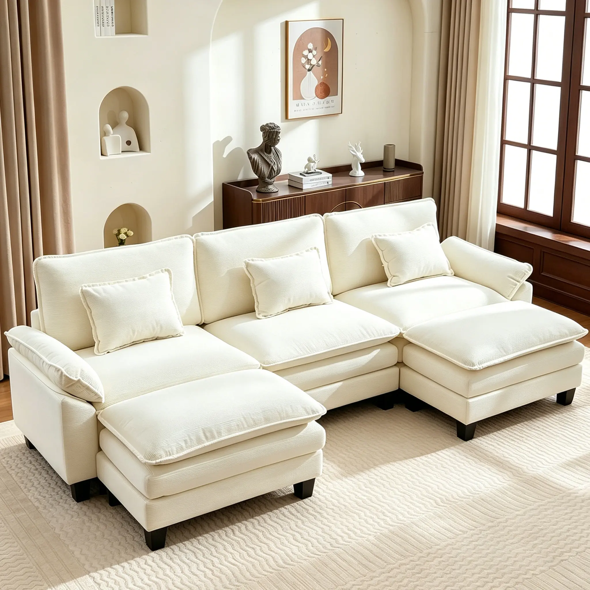 Modular Cloud Sectional   Couch     Chenille   Sofa - 122" U-Shaped Deep Seat with Ottoman, Pillows, Fixed Arms, Durable Corduroy   comfy  Loveseat, Expandable, Assembly Required for Living Room, Apartment