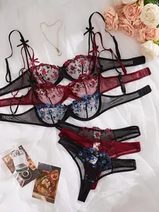 Women's Floral Embroidery Contrast Mesh Sheer Sexy Lingerie Set, Sexy Elegant Underwire Bra & Thong Set, Ladies Sexy Underwear Set