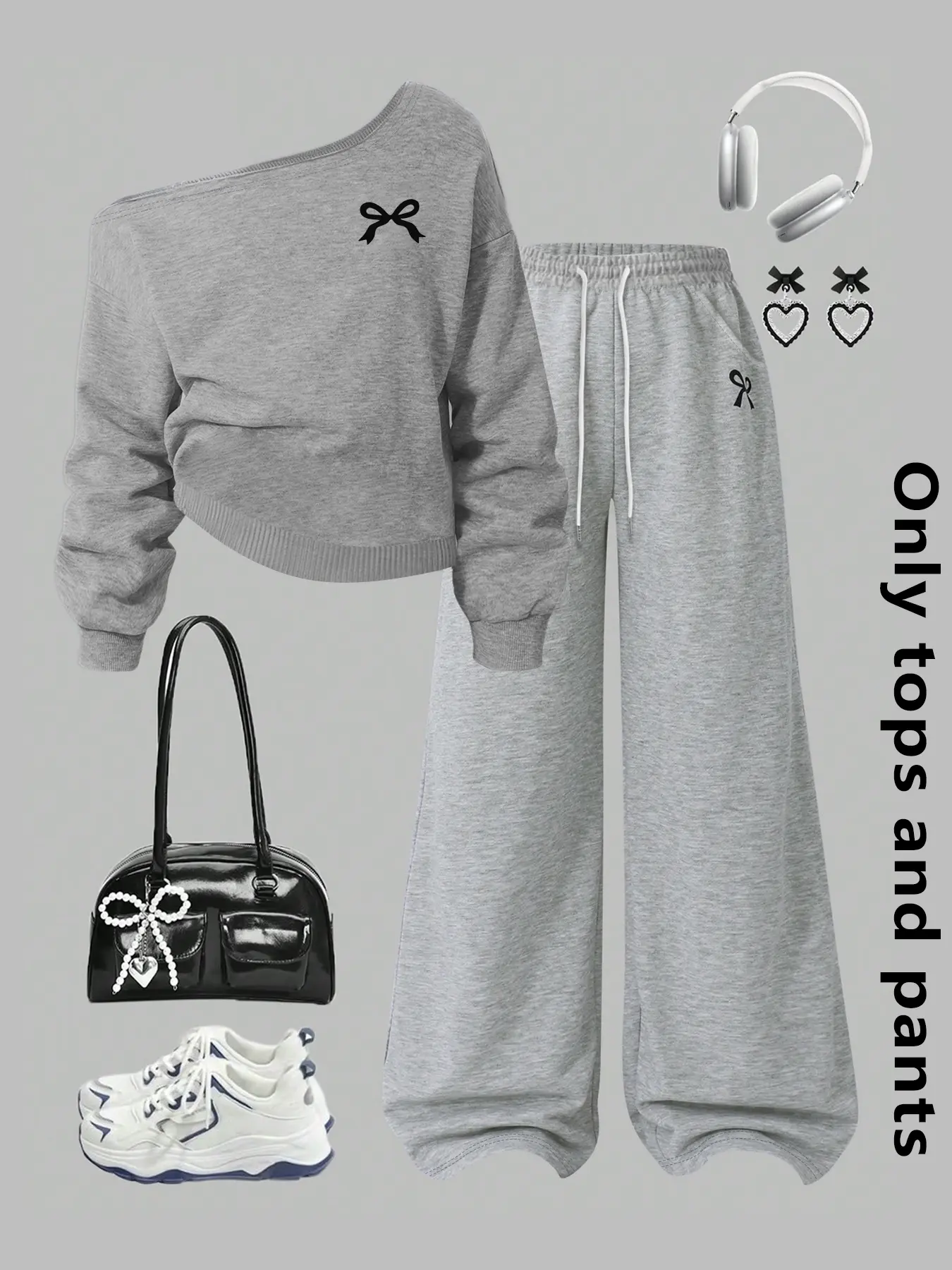 Women's Light Gray Off-Shoulder Sports Set with Bow Accents and Wide-Leg Pants, Casual Two-Piece Outfit for Streetwear and Daily Fashion, Sweatsuit Set, Tracksuit Set, Sporty Style