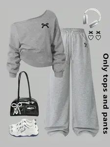 Women's Light Gray Off-Shoulder Sports Set with Bow Accents and Wide-Leg Pants, Casual Two-Piece Outfit for Streetwear and Daily Fashion, Sweatsuit Set, Tracksuit Set, Sporty Style
