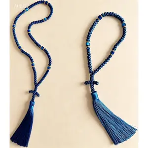 Christian Orthodox Prayer Rope with Cross, 2-Pack Blue 100 Knot and 50 Knot Omboskoini, Handmade Greek Komvoschoini for Prayer and Meditation, Religious Gifts for Car Hanging or Home Decor, Protection Blessing Charm