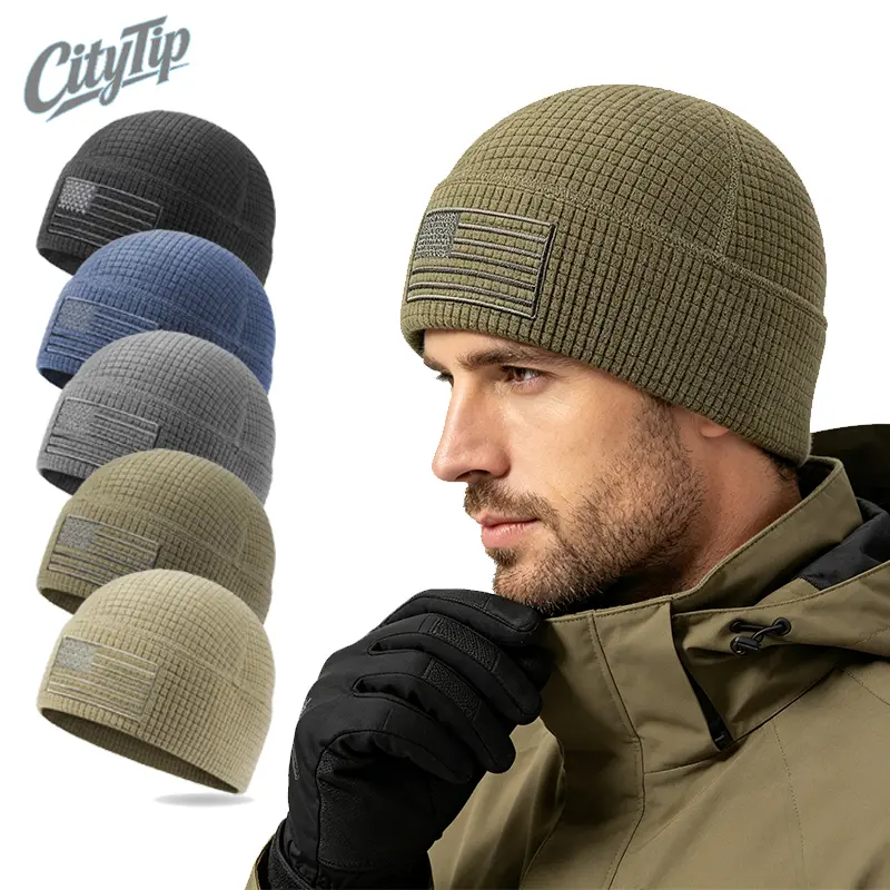 Men's Tactical Grid Fleece Beanie Hat with American Flag Embroidery, Warm Waffle Knit Skull Cap, Soft Stretch Winter Hat for Cold Weather, Military Style Outdoor Cap for Hiking Cycling Skiing Camping, Unisex Casual Streetwear Headwear