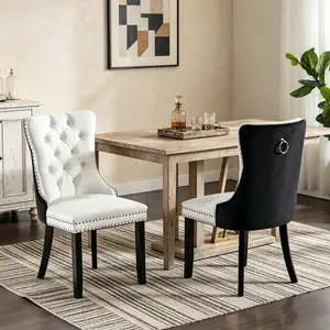 Modern Luxury Tufted Dining Chairs Set of 2, Solid Wood Frame PU & Velvet Upholstered High Back Kitchen Chairs with Nailhead Trim & Pull Ring, 300lbs Weight Capacity for Dining Room, Kitchen, Living Room