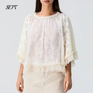 Women Lace Bell Sleeve Flowy Sheer Mesh Blouse Top Ruffle Y2k Shawl Shirt See Through Cover Up