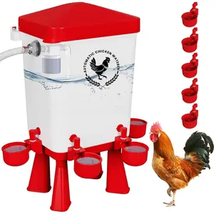 3 Gallons Automatic Chicken Waterer with 5ft Pipe, Float Controlled Poultry Water Feeder with 5 Red Chicken Waterer Cups
