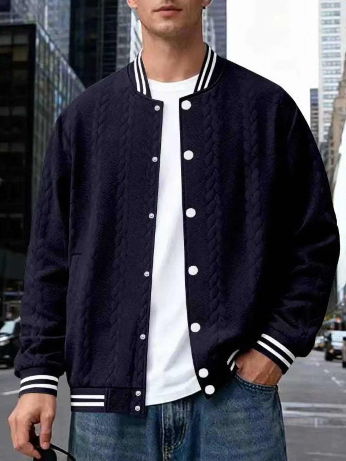 Men's autumn and winter twisted knit baseball jacket - retro sporty style, soft and skin-friendly texture, suitable for casual street wear, daily wear and layering. Men wear long-sleeved jackets Coats.