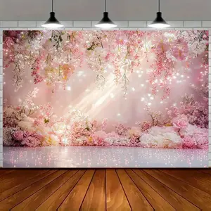 Cherry Blossom Backdrop Romantic Floral Backdrop Pink White Flower Background Cloth Wedding Valentine Tapestry Wall Hanging Photography Background Polyester Fiber Party Ceremony Home Studio Event Decor Prop Wall Art