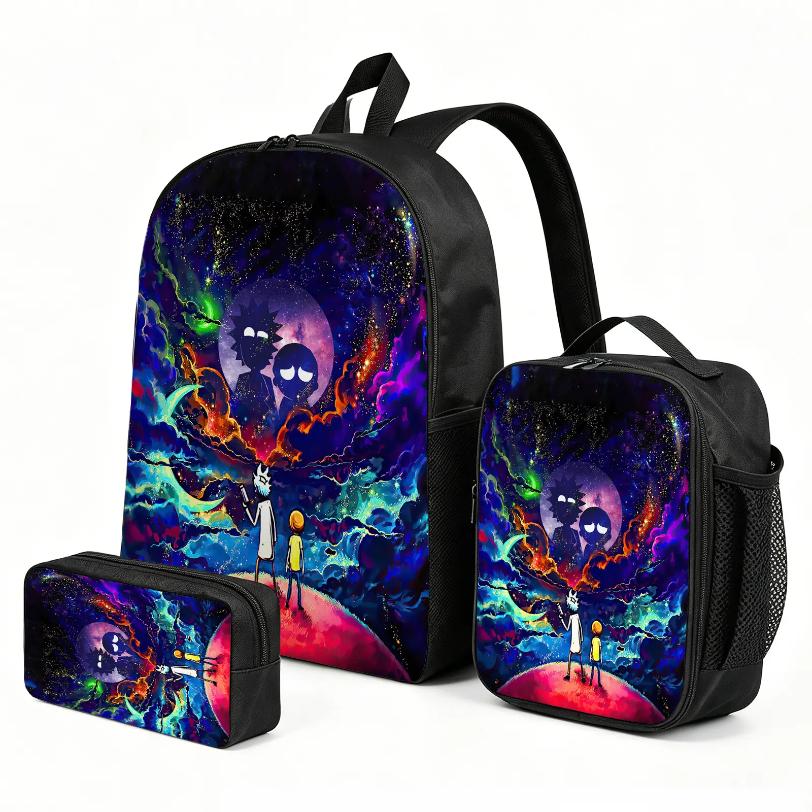 Rick-and-Morty Backpack with Lunch Box and Pencil Case | School Bag Set | 3-Piece Back to School Supplies for Boys and Kids