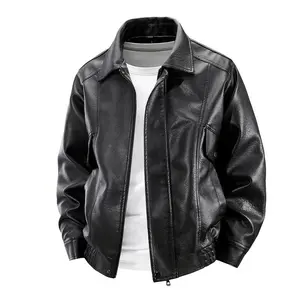 BIGWIG men's autumn and winter casual faux leather bomber jacket, fashionable modern motorcycle flight jacket, casual loose soft motorcycle jacket, lapel button zipper long sleeve with pocket jacket, PU leather