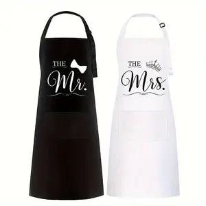 2pcs Mr & Mrs Kitchen Aprons – Minimalist Solid Color + Gold Foil "Mr & Mrs" Lettering Durable Adjustable Fit Cooking/Baking Aprons with Deep Pockets (Fits Full-Size Utensils) Easy to Clean Easy Cleaning Apron