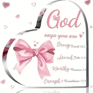 Inspirational pink bow acrylic plaque desktop decoration hat accessory, Christian gift for women, Bible verse symbol, Valentine's Day, birthday, mother, sister, friend.