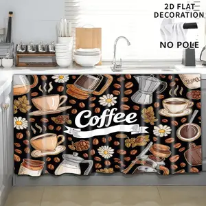 2D Flat Print 1pc,Coffee-themed illustration with various elements.,Kitchen Utensil Print Curtain-Translucent Rod Pocket Design, Machine Washable Contemporary Art Decor for Kitchen,Living Room,Light Filtering Privacy,Light Filtering Drapes