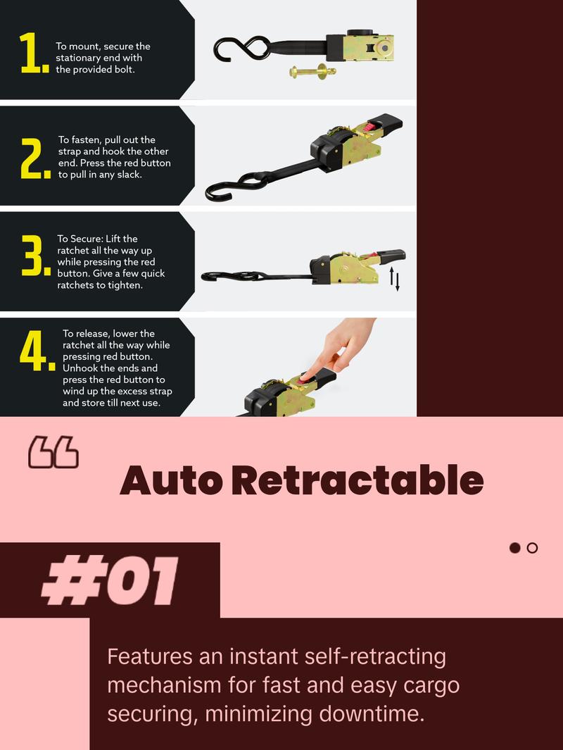 DC Cargo Bolt-on Auto Retractable Ratchet Straps - (2 Pack) 1 Inch x 9 Ft - 600 lbs Break Strength - Retractable Ratchet Tie Down Straps for Boats, Jet Skis, Motorcycles, ATVs DC Cargo Bolt-on Auto Retractable Ratchet Straps - (2 Pack) 1 Inch x 9 Ft - 600 lbs Break Strength - Retractable Ratchet Tie Down Straps for Boats, Jet Skis, Motorcycles, ATVs