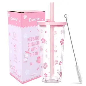 Yawbay   Reusable Plastic Boba Cup With Lids And Straws, 24Oz/700ml Smoothie Cups, Iced Coffee Cup, Leakproof Kawaii Cup, Boba Tumbler With Boba Reusable Straw,Double Wall Clear Bubble Tea Cup