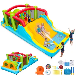 AKEYDIY  Inflatable Obstacle Course Water Park with Water Slide & Water Cannon, Backyard Indoor/Outdoor Adventure Fun, with Air Blower (Adventure Waterslide),Big Bounce House&Water Slide for Kids 3-12 yr
