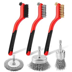 6 count Wire Brushes for Cleaning Rust, Small Wire Brush, Wire Wheel for Drill Steel Brush for Cleaning with Nylon, Brass, Stainless Steel, and Carbon Steel Bristles - 7-Inch Handle & 1/4-Inch Hex Shank