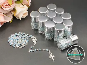 US LUOKASI 12pcs Baptism Favors Blue Clear Beads Rosary in Silver Cap Glass Jar Perfect for DIY Baptism Favors Holy Communion Recuerdos De Bautizo Quinceanera Christening Primera Communion Gifts Wedding Baby Shower Souvenirs