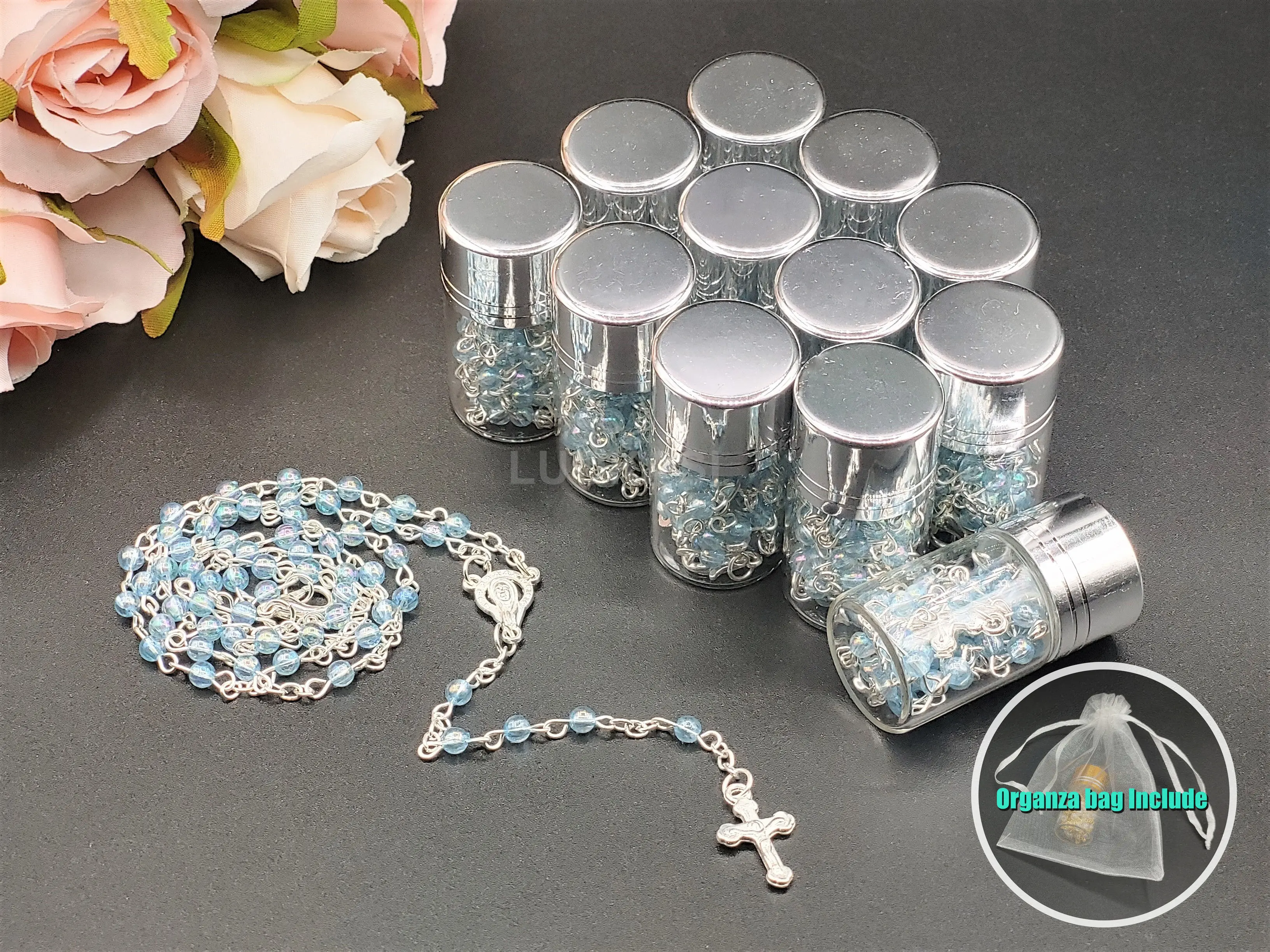 US LUOKASI 12pcs Baptism Favors Blue Clear Beads Rosary in Silver Cap Glass Jar Perfect for DIY Baptism Favors Holy Communion Recuerdos De Bautizo Quinceanera Christening Primera Communion Gifts Wedding Baby Shower Souvenirs