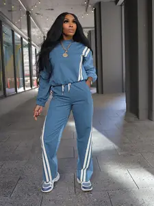 Autumn Winter Sporty Colorblock Faux Denim Striped Long Sleeve Hoodie Drawstring Pants Two-Piece Set Sweatsuit Matching Set