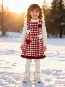 Girls Autumn Winter Houndstooth Heart Vest Dress Red White Color Block Cute Sweet Warm Children's Clothing For New Year Holidays