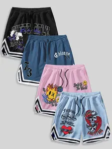Graphic Print Basketball Fitted Fashion Shorts 4-Pack - Trendy Y2K Streetwear Bottoms Athleisure Shorts