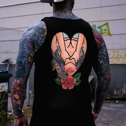 GET A GRIP  Lady with Flowers Black Black Print Tank Top- Tattoo Street Wear Casual Cotton Shirt, Unisex, Minimalist Style, Trending for Men & Women
