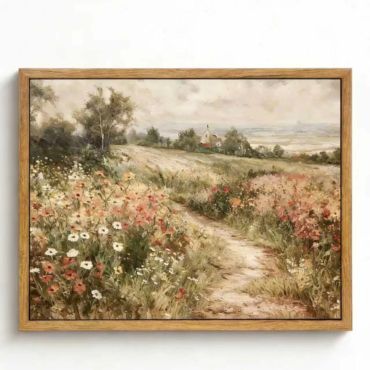 Shanghaizhe Blooming Fields Landscape Art, 19th Century Farm Vintage Design Canvas Painting, Wildflower Theme Framed Wall Decor, Soft Earthy Colors, Artwork