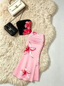 High-Waisted Fish Tail Skirt Set, Short Sleeve Top & Floral Printed Bottoms, Chic Style for Women, Outfit, Perfect for Casual Wear