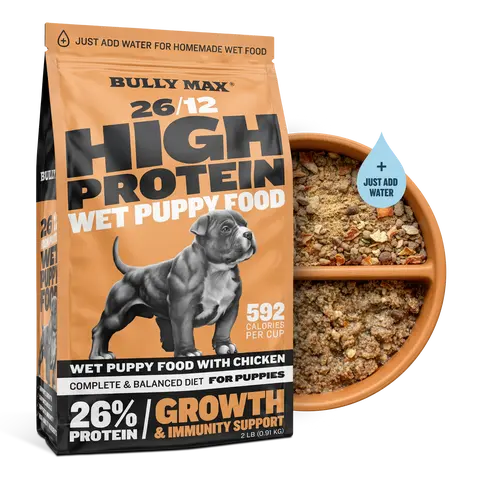 Bully Max 26/12 High Protein Wet Puppies Food - 26% Protein, 12% Fat, Chicken, Barley, Oats, Flaxseed, Salmon Oil, Niacin Supplement, No Wheat, Add Water Option, Vegetables-Infused, Supports Healthy Growth & Immune Health for Puppies
